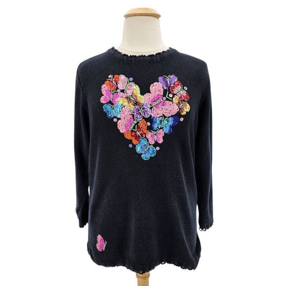 Vintage Quacker Factory Embellished Sequins Heart Butterfly Sweater Womens 1X - Picture 1 of 13